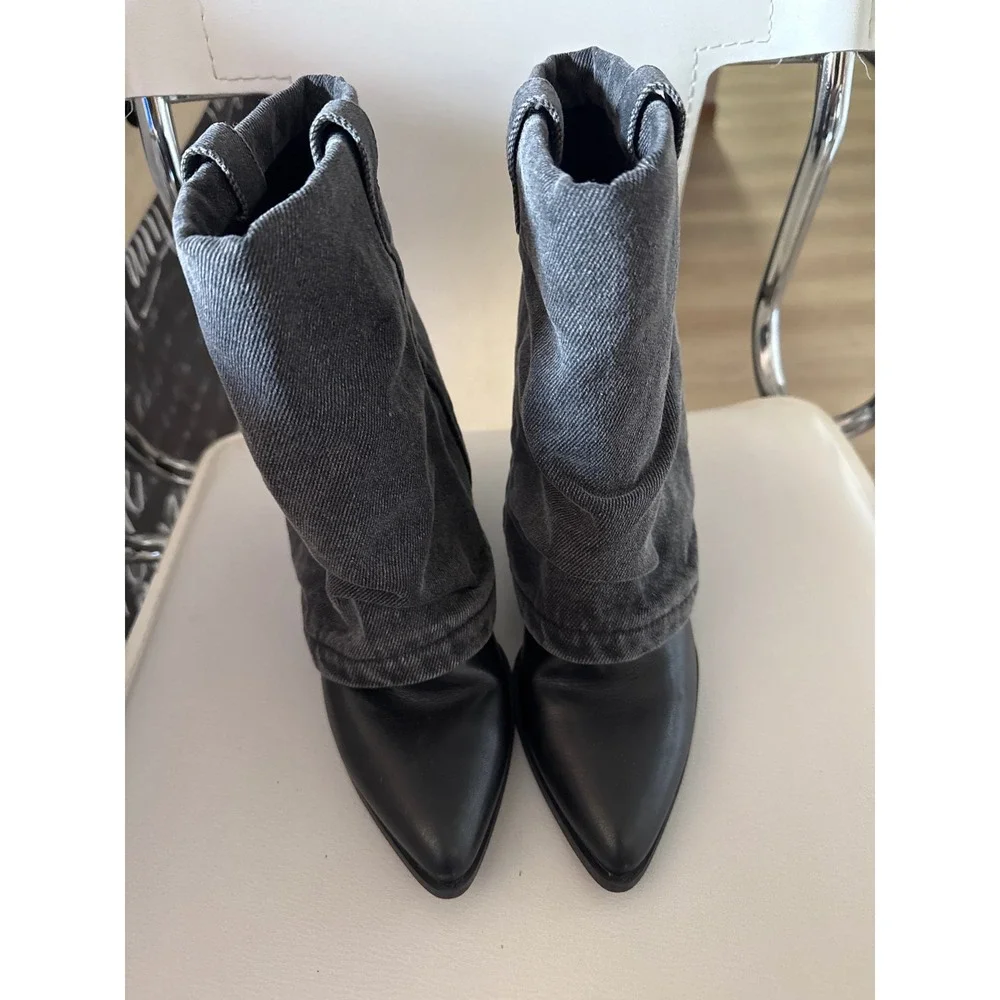 Steve Madden Lavish Denim Gaiter Boots Grey Black Pointed Toe Block Heel 6.5M